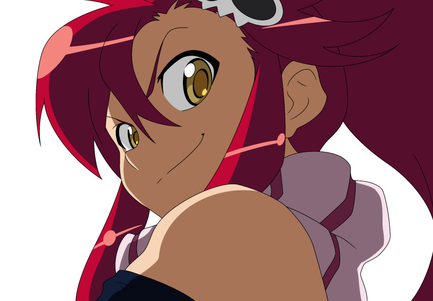1girl, bare_shoulders, bikini, bikini_top_only, close-up, hair_ornament, highres, long_hair, looking_at_viewer, looking_down, ponytail, quelcom, red_hair, smile, smirk, solo, swimsuit, tengen_toppa_gurren_lagann, white_background, yellow_eyes, yoko_littner