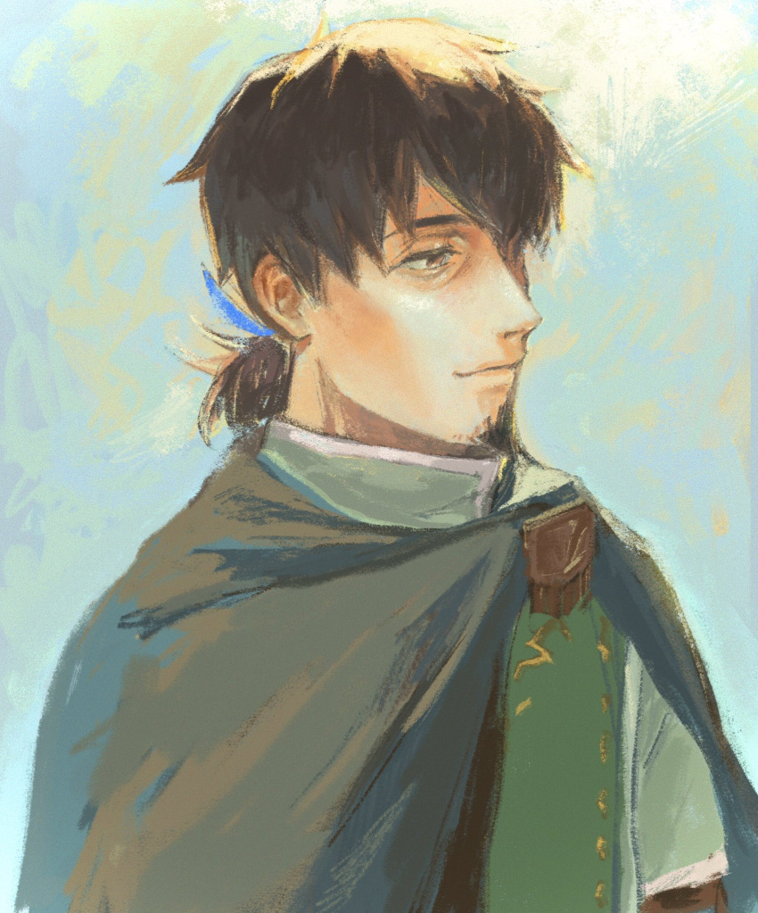 1boy, azi_pra, bags_under_eyes, black_cape, blue_background, blue_ribbon, brown_eyes, brown_hair