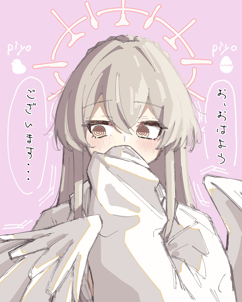 1girl, @_@, absurdres, angel_wings, blonde_hair, blue_archive, feathered_wings, halo