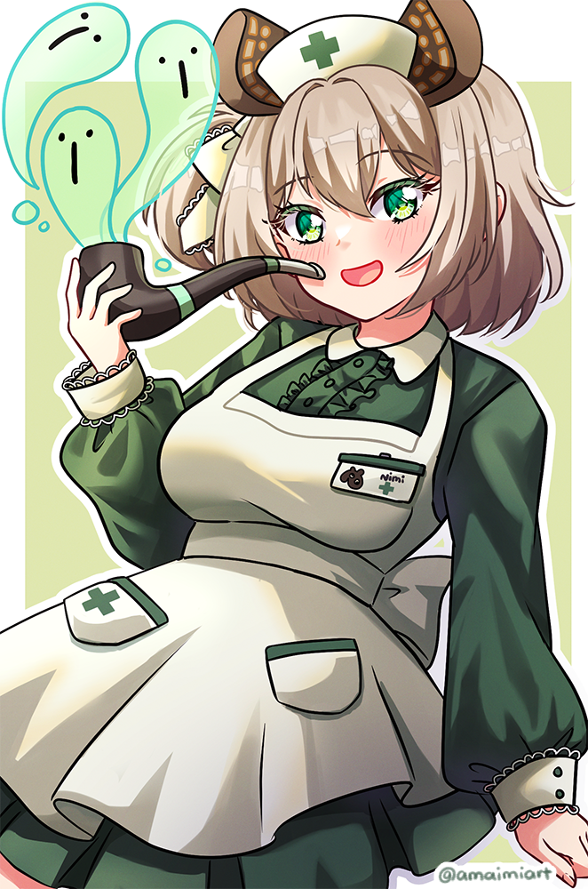 1girl, amaimi, animal_ears, apron, blush, brown_hair, dress, green_dress