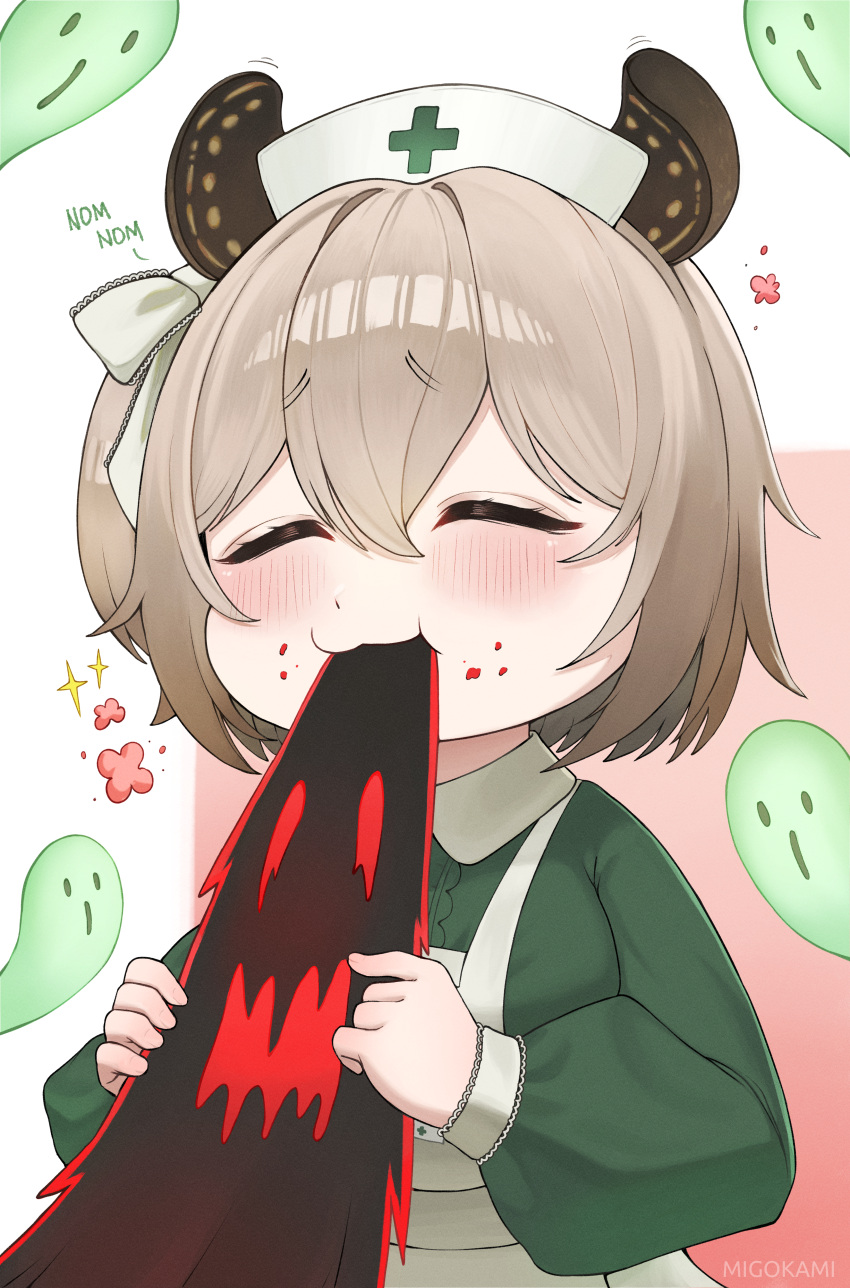 1girl, absurdres, animal_ears, apron, blush, chibi, closed_eyes, closed_mouth