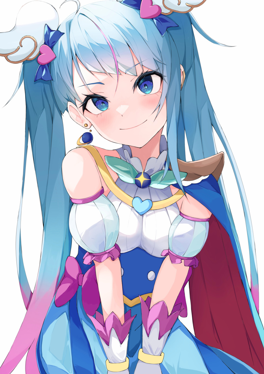 1girl, absurdres, blue_cape, blue_dress, blue_eyes, blue_hair, bow, brooch, cape, closed_mouth, commentary, cure_sky, cut_bangs, detached_sleeves, dress, dress_bow, earclip, earrings, forgetmenot05, gloves, gradient_hair, head_tilt, highres, hirogaru_sky!_precure, jewelry, long_hair, looking_at_viewer, magical_girl, multicolored_hair, pink_bow, pink_hair, precure, puffy_detached_sleeves, puffy_sleeves, red_cape, simple_background, single_earring, single_sidelock, sleeveless, sleeveless_dress, smile, solo, sora_harewataru, standing, streaked_hair, twintails, two-sided_cape, two-sided_fabric, two-tone_dress, two-tone_hair, very_long_hair, white_background, white_dress, white_gloves, wing_brooch, wing_hair_ornament