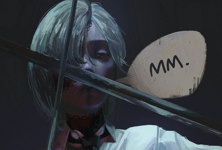 1girl, black_necktie, chainsaw_man, collared_shirt, commentary, english_commentary, eyepatch, highres, necktie, one_eye_covered, ozone_(ozanuki), quanxi_(chainsaw_man), shirt, solo, speech_bubble, white_hair, white_shirt