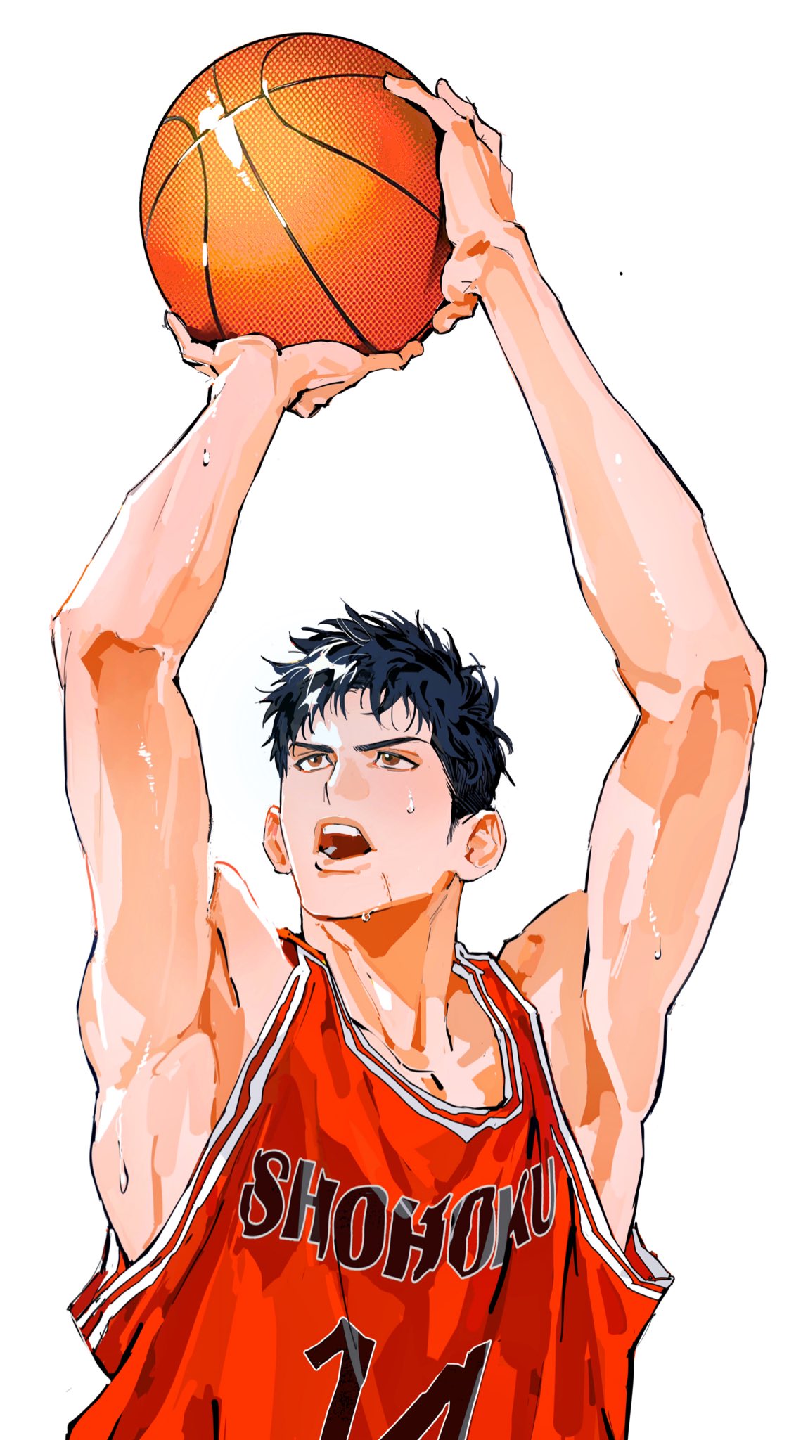 11114tai, 1boy, arms_up, ball, bare_shoulders, basketball, basketball_(object), basketball_jersey