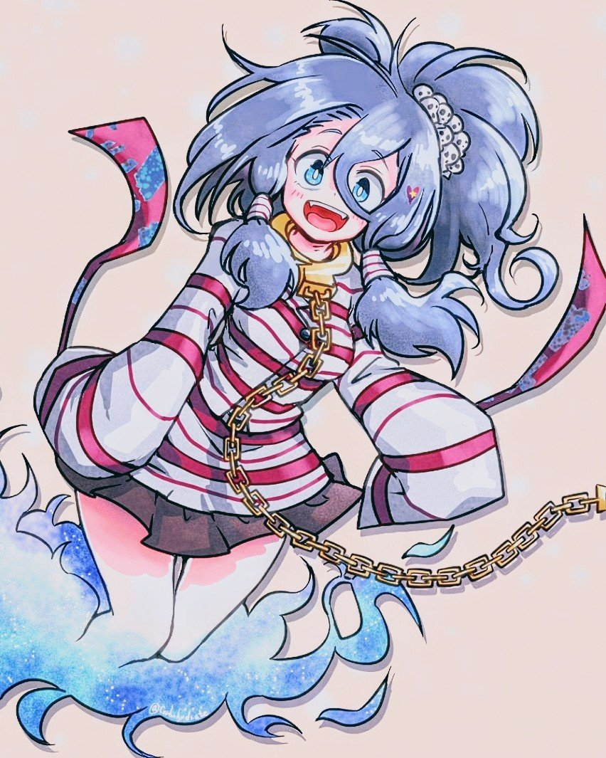 1girl, :d, blue_eyes, blue_hair, carbohydrate_(asta4282), chain, commentary_request, cuffs