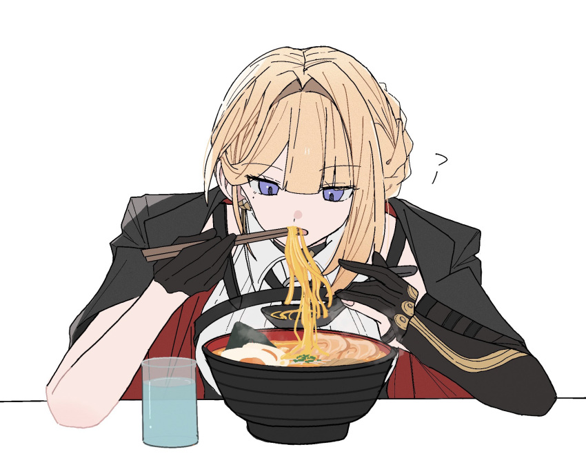 blonde_hair, chopsticks, cup, eating, evelyn_chevalier, food, gloves, hair_up, highres, holding, holding_chopsticks, niupum, noodles, ramen, simple_background, softboiled_egg, upper_body, violet_eyes, white_background, zenless_zone_zero