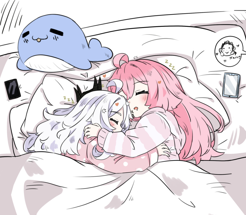 2girls, blue_archive, blush, cellphone, closed_eyes, commentary_request, cuddling, doodle_sensei_(blue_archive), e_v_e_neko, highres, hina_(blue_archive), horns, hoshino_(blue_archive), long_hair, long_sleeves, multiple_girls, open_mouth, pajamas, phone, pillow, pink_hair, pink_shirt, saliva, sensei_(blue_archive), shirt, sleeping, smartphone, stuffed_whale, under_covers, white_hair, yuri