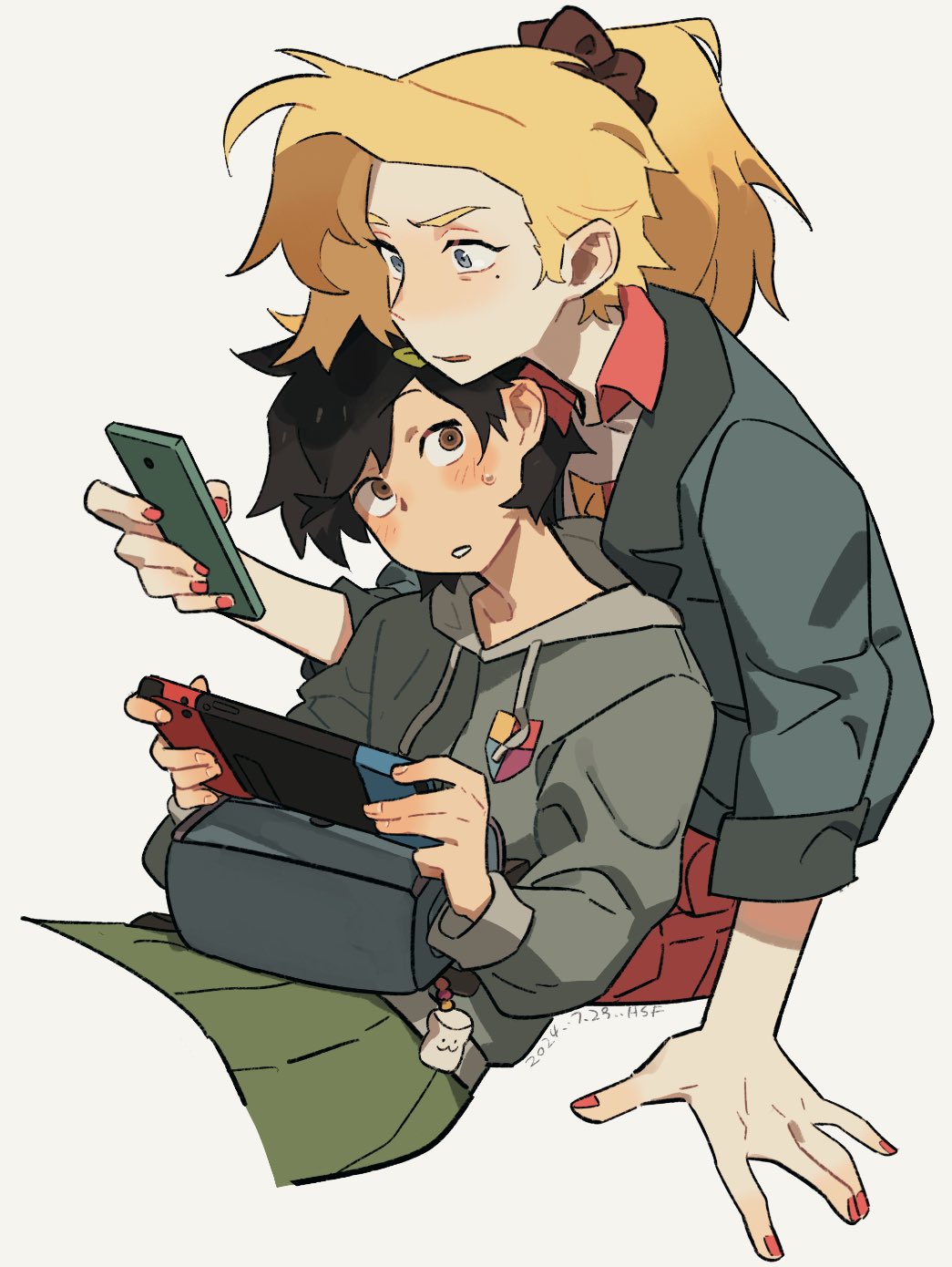 2girls, amphibia, arm_support, asymmetrical_bangs, bag, black_hair, blonde_hair, blue_eyes