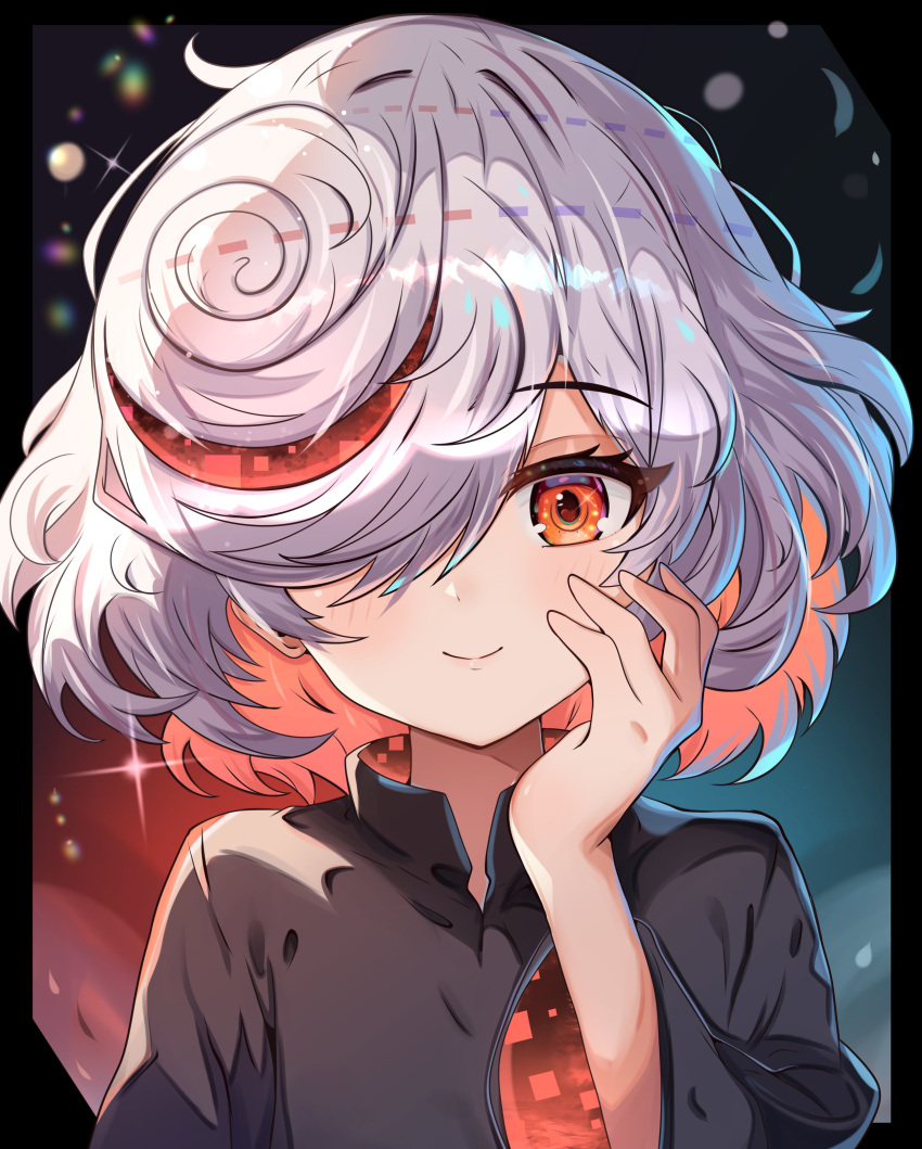 1girl, absurdres, black_shirt, hair_over_one_eye, highres, looking_at_viewer, mrrollingcircle, red_eyes