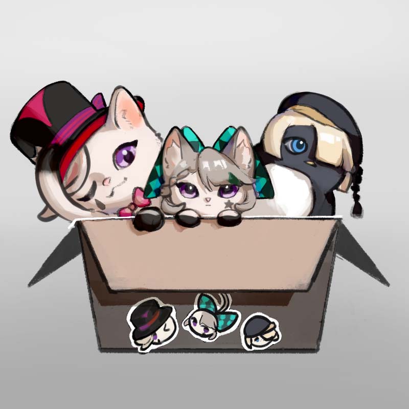0723_yuan_shang_fuhuo_ban, ;3, animalization, aqua_bow, beret, bird, black_gloves, black_hat, blonde_hair, blue_eyes, bow, box, braid, braided_bangs, brother_and_sister, cardboard_box, cat, chinese_commentary, closed_mouth, facial_mark, freminet_(genshin_impact), genshin_impact, gloves, gradient_background, grey_background, grey_hair, hair_over_one_eye, hat, huge_bow, in_box, in_container, looking_at_viewer, lynette_(genshin_impact), lyney_(genshin_impact), one_eye_closed, penguin, short_hair, siblings, smile, star_(symbol), star_facial_mark, sticker, swept_bangs, teardrop_facial_mark, top_hat, violet_eyes