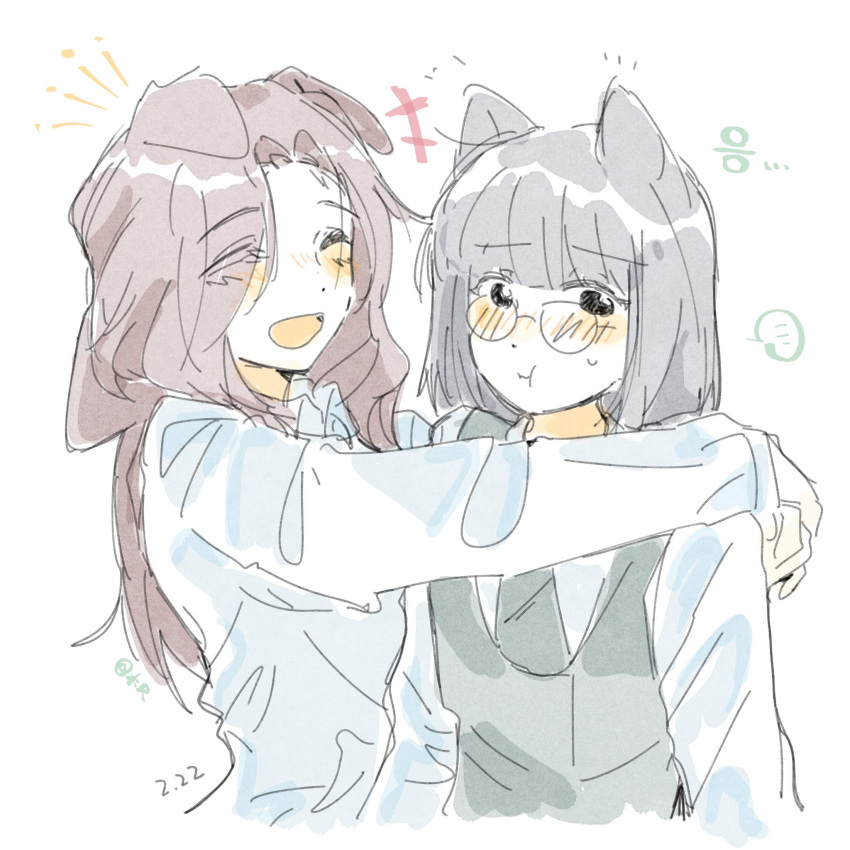 +++, 2girls, :t, ^_^, animal_ears, animification, black_hair, blush