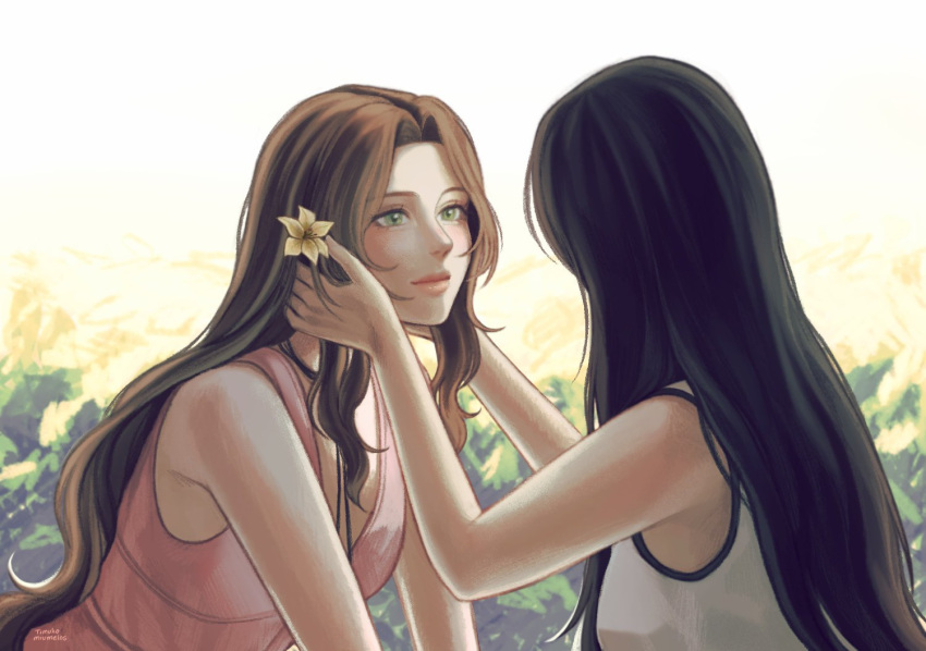 2girls, aerith_gainsborough, artist_name, black_hair, brown_hair, closed_mouth, couple, dress