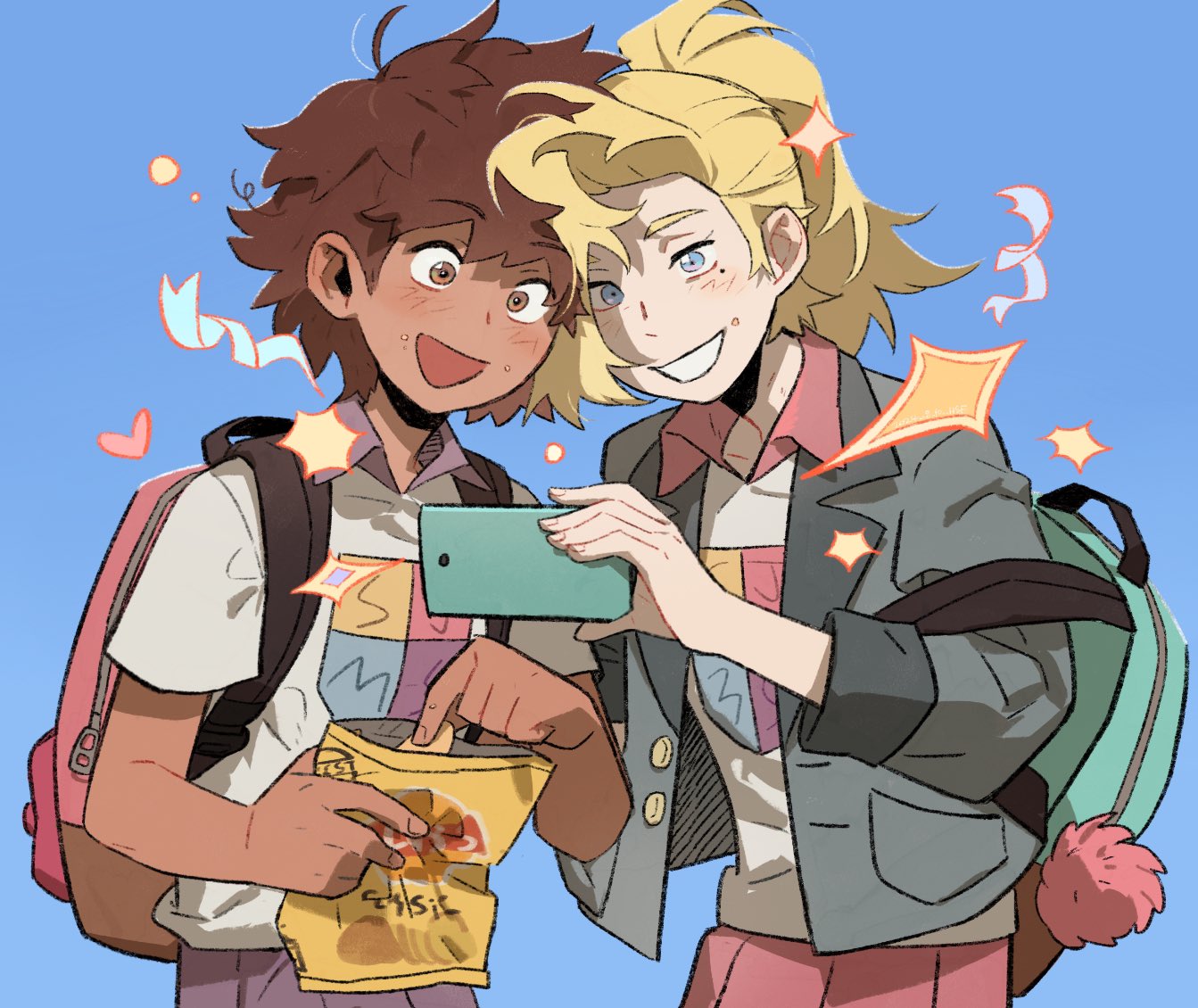2girls, :d, amphibia, anne_boonchuy, asymmetrical_bangs, backpack, bag, blonde_hair
