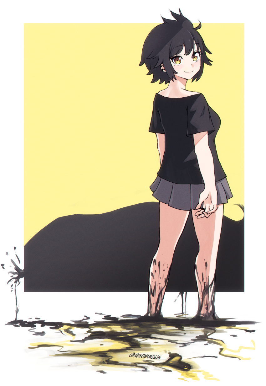 1girl, absurdres, ahoge, black_hair, black_shirt, earrings, grey_skirt, highres