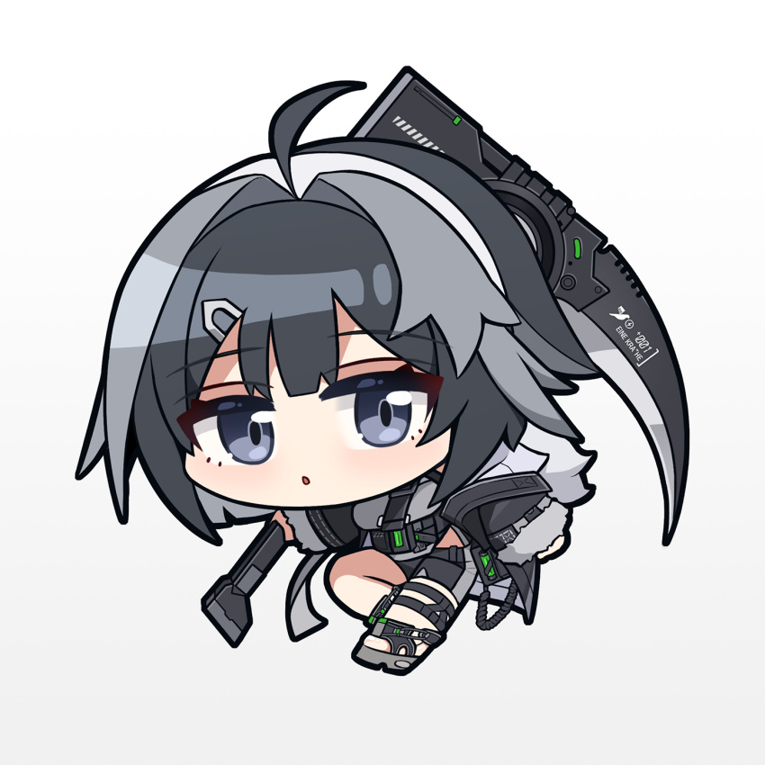 1girl, ahoge, arknights, black_jacket, black_shorts, breasts, chibi, commentary_request