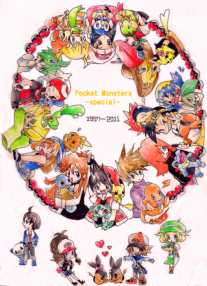 2011, aipom, bel_(pokemon), bell_(pokemon), black_(pokemon), blue_(pokemon), brown_hair, bulbasaur