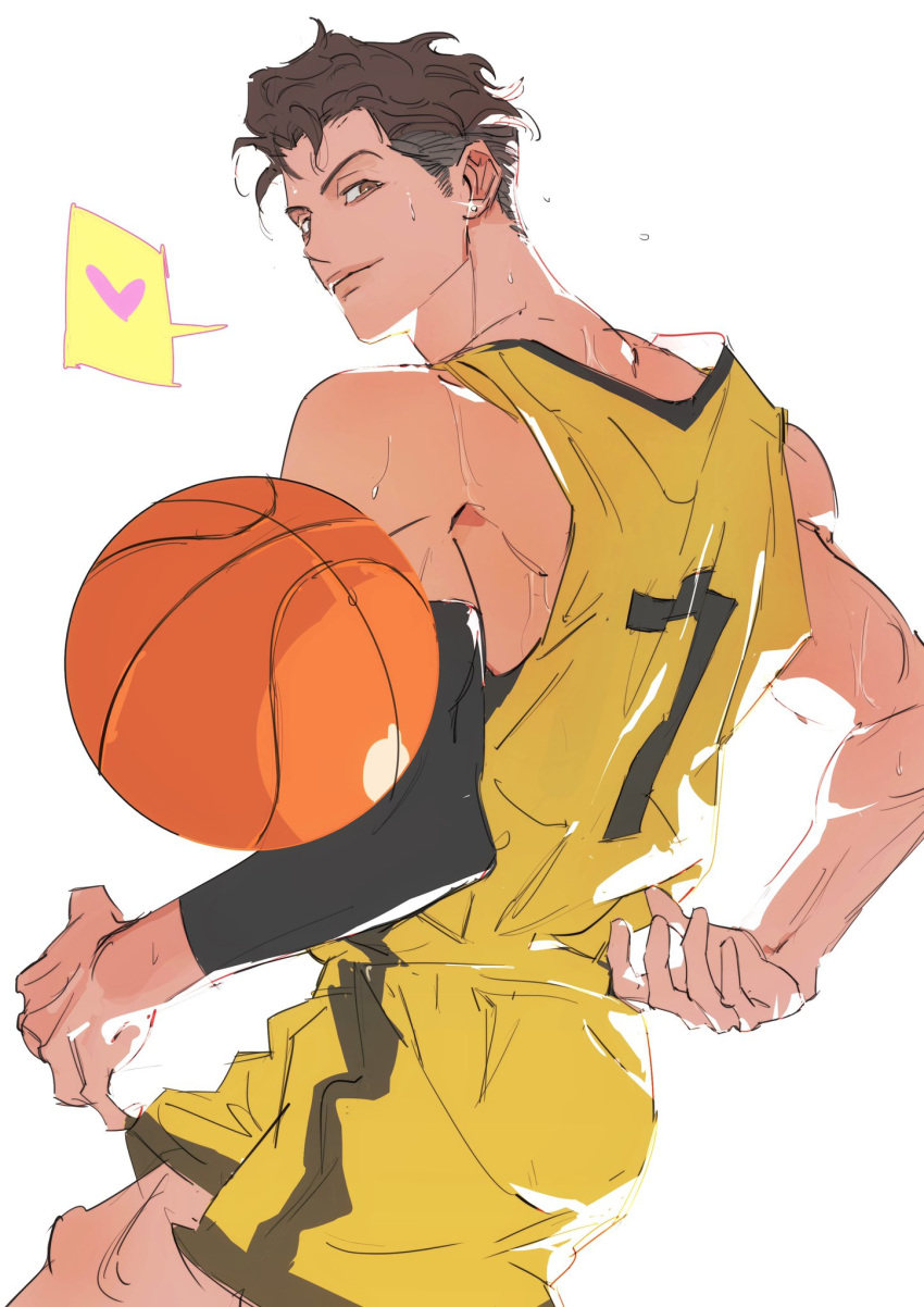 11114tai, 1boy, ball, bare_shoulders, basketball_(object), basketball_jersey, basketball_shorts, basketball_uniform