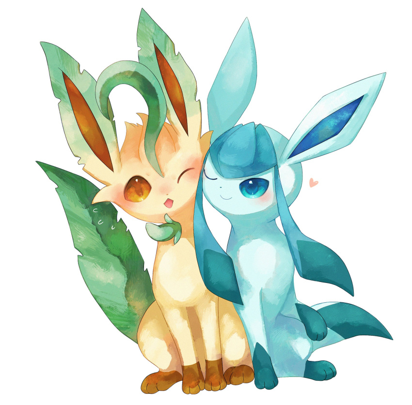 animal_focus, blue_eyes, blush, brown_eyes, closed_mouth, commentary_request, glaceon, heart