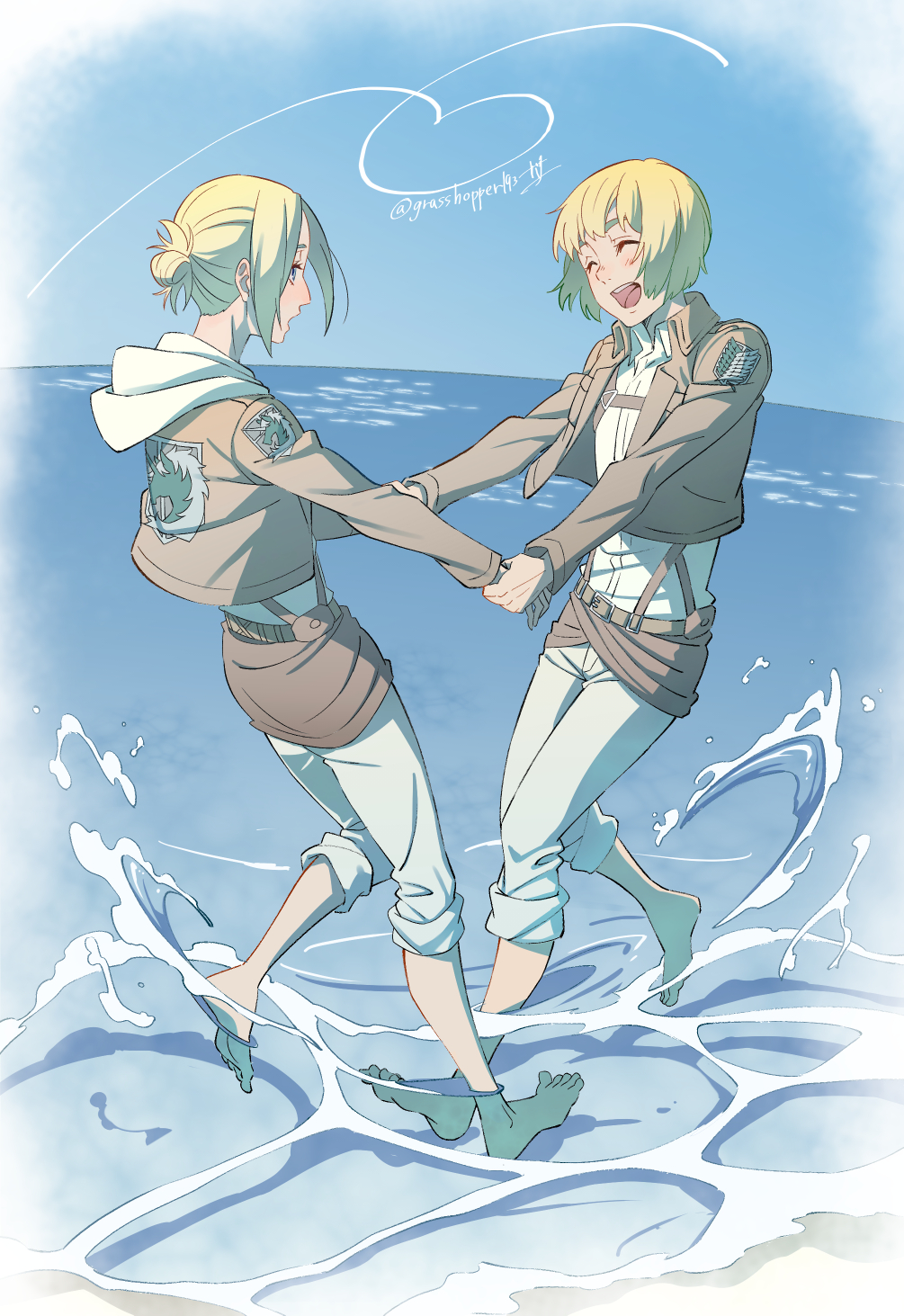 1boy, 1girl, ^_^, annie_leonhart, armin_arlert, artist_name, barefoot, belt