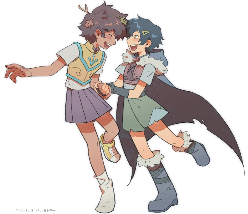 2girls, :d, amphibia, anne_boonchuy, armor, black_hair, blush, boots, breastplate, brown_hair, cape, closed_eyes, dark-skinned_female, dark_skin, full_body, fur-trimmed_boots, fur-trimmed_cape, fur_trim, green_eyes, green_skirt, hair_ornament, hairclip, happy, highres, holding_hands, hsffff4444, leaf, leaf_on_head, looking_at_another, marcy_wu, multiple_girls, open_mouth, pleated_skirt, purple_skirt, ranger_uniform_(amphibia), school_uniform, shoes, short_hair, single_shoe, sjms_school_uniform, skirt, smile, socks, standing, standing_on_one_leg, teeth, upper_teeth_only, white_background