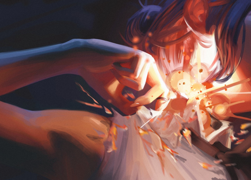 1girl, chainsaw_man, choker, collared_shirt, commentary, english_commentary, explosion, grenade_pin