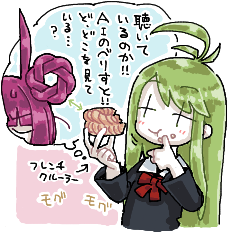 +_+, 2girls, ahoge, black_shirt, bow, bowtie, chatgpt-tan, closed_mouth, colored_skin, doughnut, eating, food, french_cruller, green_hair, long_hair, lowres, man_(man-room), multiple_girls, original, purple_hair, red_bow, red_bowtie, shirt, smile, solo_focus, tone_sphere, translation_request, trin_(tone_sphere), upper_body, white_skin