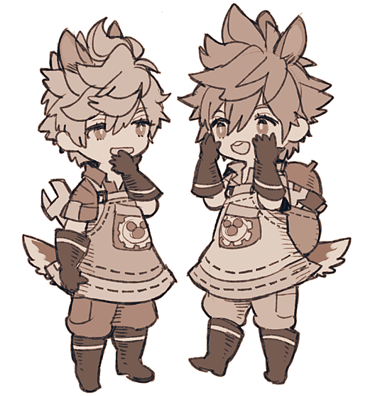 2boys, animal_ears, apron, boots, bright_pupils, brown_theme, chibi, chibi_only