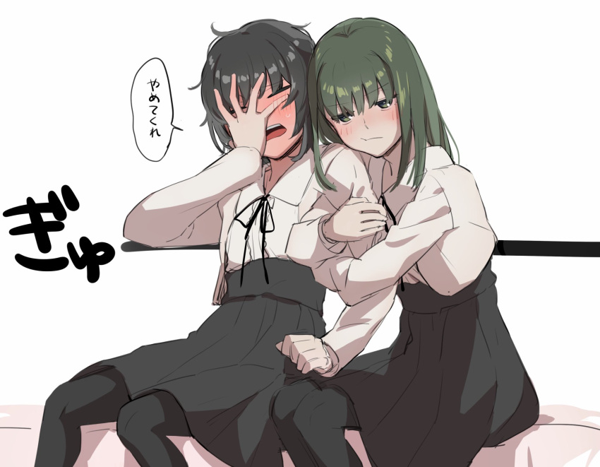 2girls, :t, arm_hug, black_hair, black_pantyhose, black_skirt, blush, cheek-to-shoulder