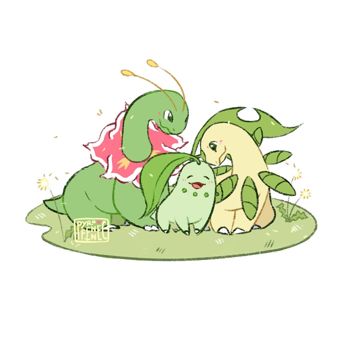 aki_lin, animal_focus, antennae, artist_name, bayleef, blush, chikorita, closed_eyes