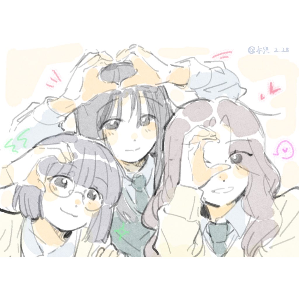 3girls, :3, ;d, arms_up, artist_name, black_hair, blunt_bangs, blunt_ends
