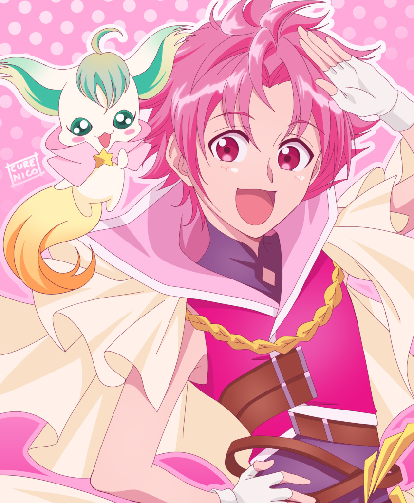 1boy, artist_name, black_shirt, blush, cape, commentary, creature, cure_nico, cure_top, dancing_star_precure, fairy, fingerless_gloves, gloves, highres, hoshikawa_gaku, magical_boy, open_mouth, pas_de_deux_(precure), pink_eyes, pink_hair, pink_vest, precure, shirt, short_hair, sleeveless, sleeveless_shirt, solo, upper_body, vest, white_gloves, yellow_cape