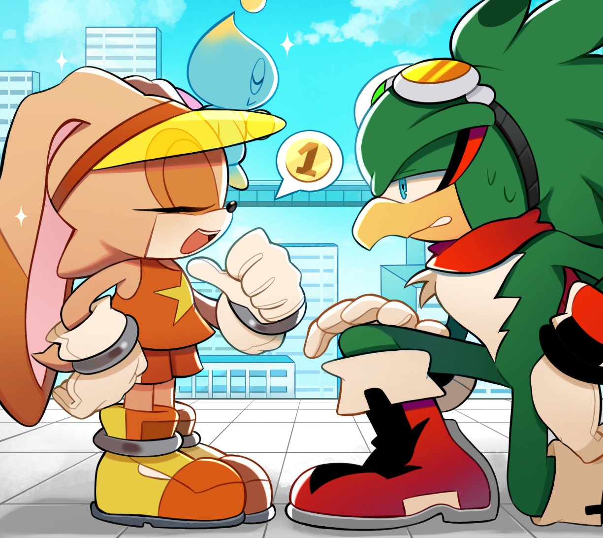 1boy, 1girl, bird_boy, chao_(sonic), cheese_(sonic), cityscape, cream_the_rabbit, cream_the_rabbit_(riders), furry, furry_female, furry_male, goggles, goggles_on_head, jet_the_hawk, kneeling, medal, rabbit_girl, sonic_(series), sonic_riders, sonic_riders_(series), spoken_object, sweatdrop, theadamay1, thumbs_up, visor_cap