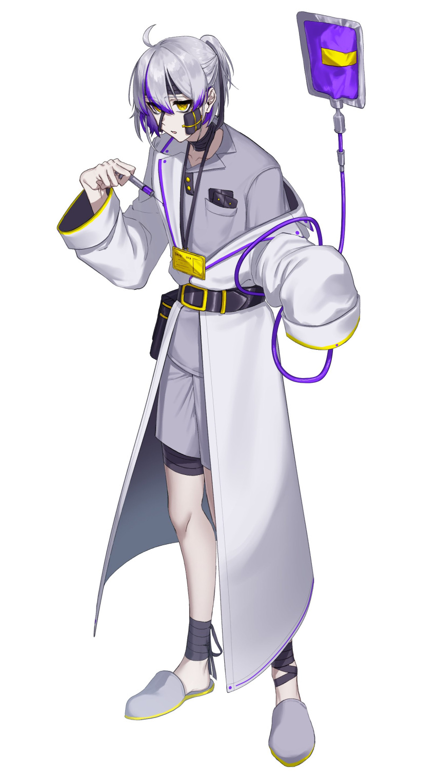 1boy, absurdres, ahoge, bandaged_head, bandaged_leg, bandaged_neck, bandages, belt