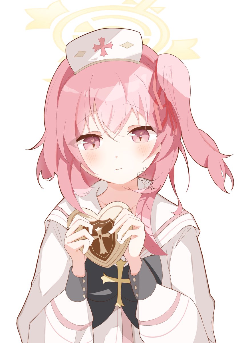 black_ribbon, blue_archive, blush, chocolate, cross, dress, food, hair_bun