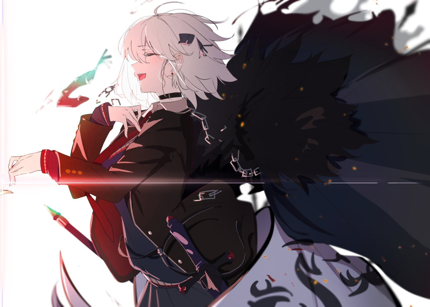 1girl, banner, fate/grand_order, fate_(series), flag, grey_hair, hair_between_eyes, highres