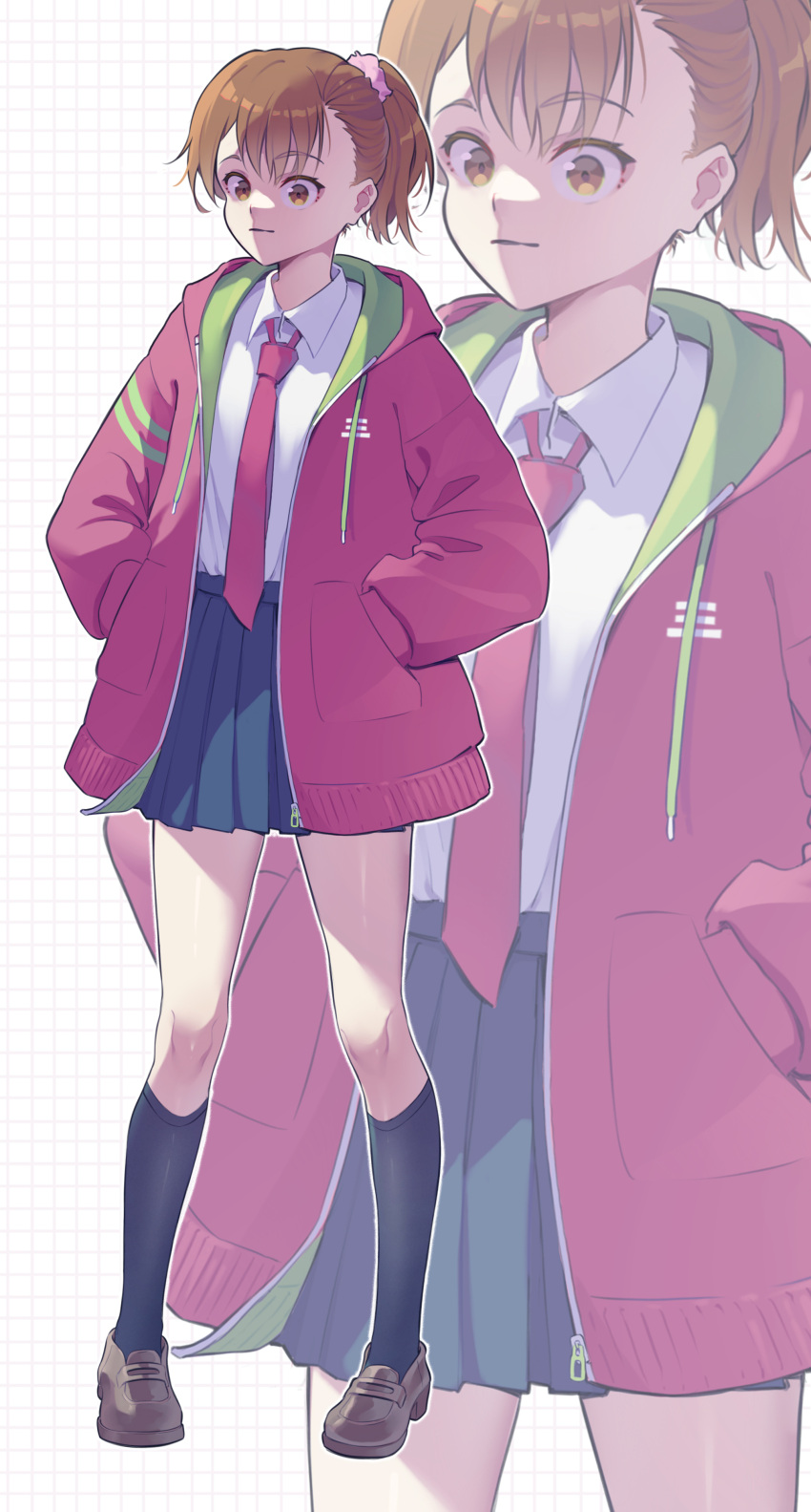 1girl, absurdres, alternate_costume, black_skirt, black_socks, brown_eyes, brown_hair, brown_shoes