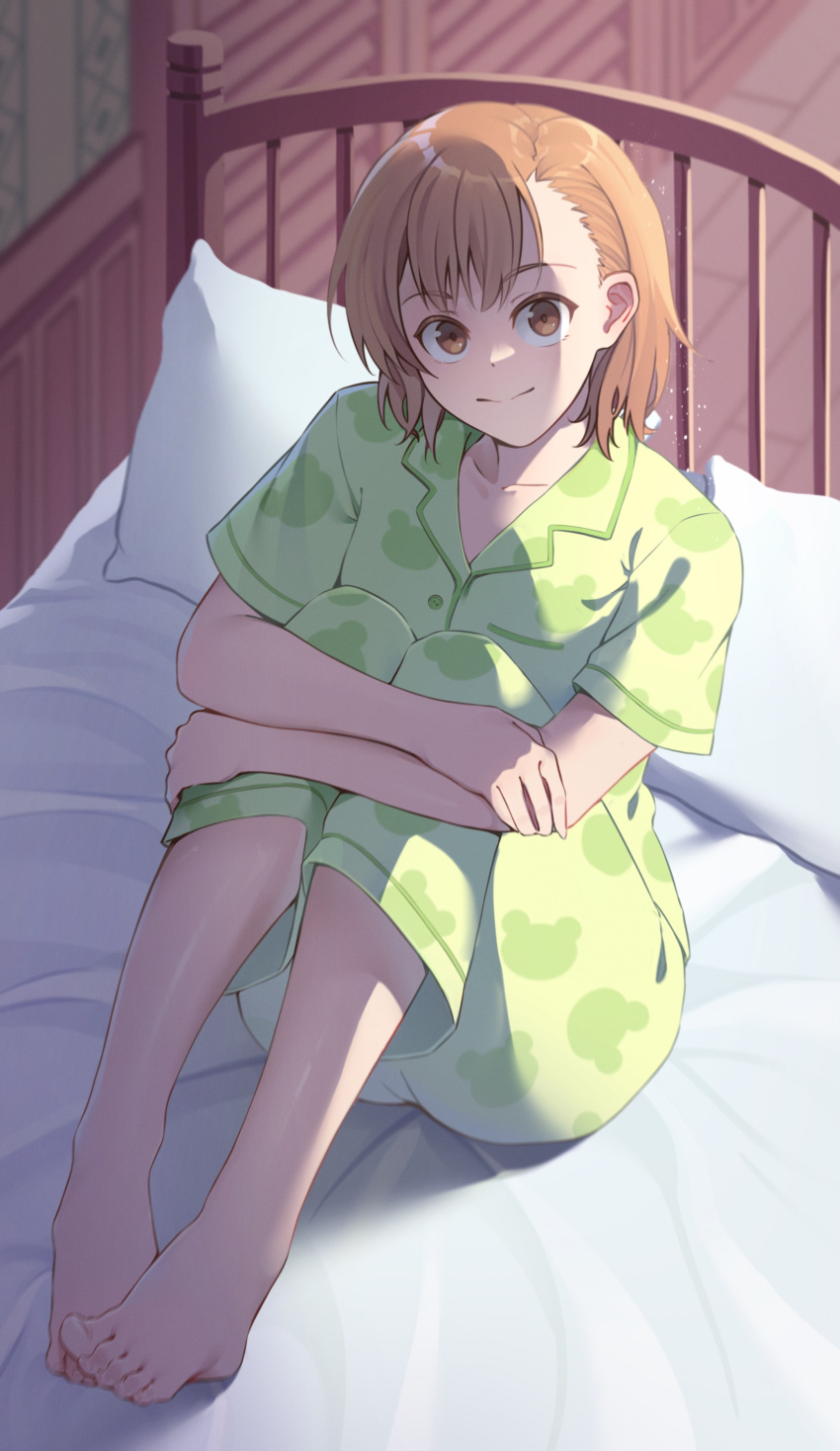 1girl, absurdres, animal_print, barefoot, bed, brown_eyes, brown_hair, closed_mouth
