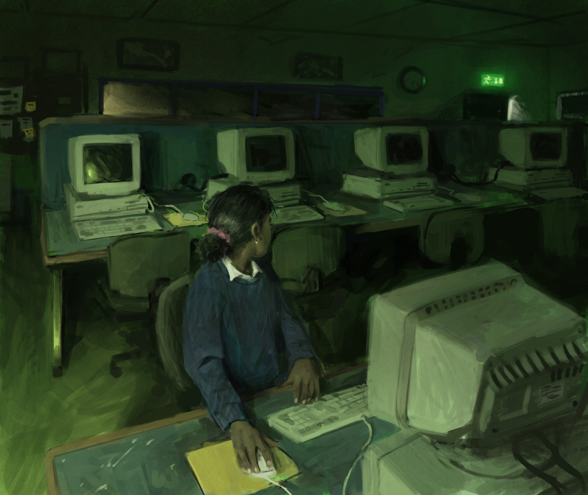 1girl, cable, chair, computer, computer_mouse, highres, indoors, interior, monitor, mousepad_(object), office_chair, olliemnjones, original, painting_(medium), shadow, solo, swivel_chair, table, traditional_media