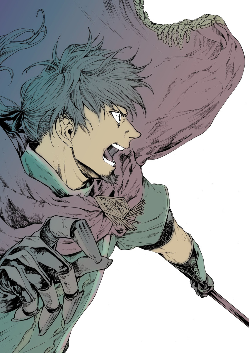 1boy, facial_hair, fate/grand_order, fate_(series), floating_cape, gauntlets, goatee, hector_(fate)