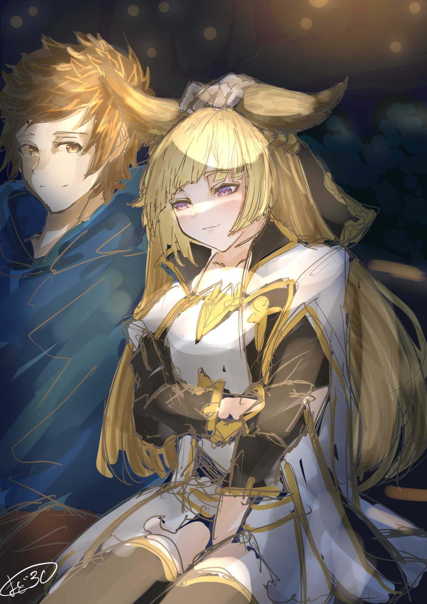 1boy, 1girl, animal_ears, blue_hoodie, coat, erune, gran_(granblue_fantasy), granblue_fantasy