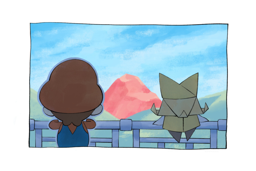1boy, 1girl, blonde_hair, blue_overalls, blue_sky, border, brown_hair, cabbie_hat