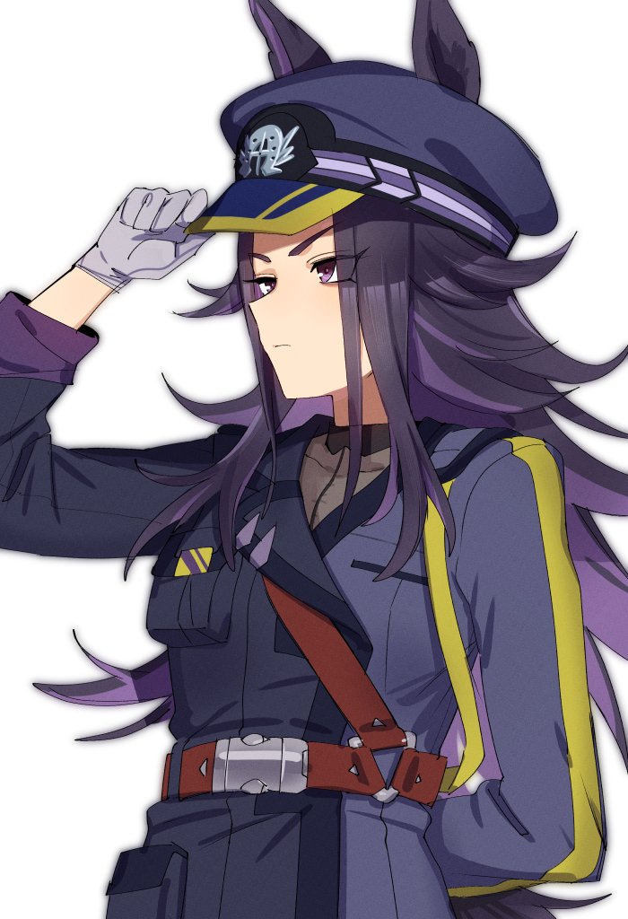 1girl, animal_ears, belt, black_hat, closed_mouth, ears_through_headwear, fenomeno_(umamusume), fig_(lchijiku)
