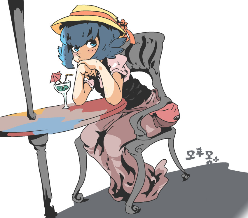 1girl, alternate_costume, black_vest, blue_eyes, blue_hair, cup, drinking_glass, full_body