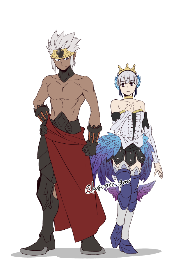 1boy, 1girl, bare_shoulders, black_gloves, blue_eyes, breasts, circlet, clenched_hand