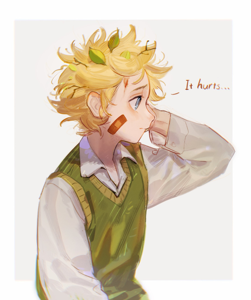 1boy, animification, bandaid, bandaid_on_cheek, bandaid_on_face, blonde_hair, blood, blood_on_face