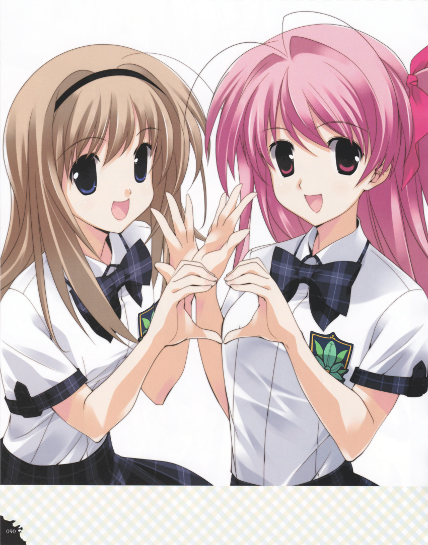 2girls, absurdres, ahoge, blonde_hair, blue_eyes, bow, bowtie, chaos;head