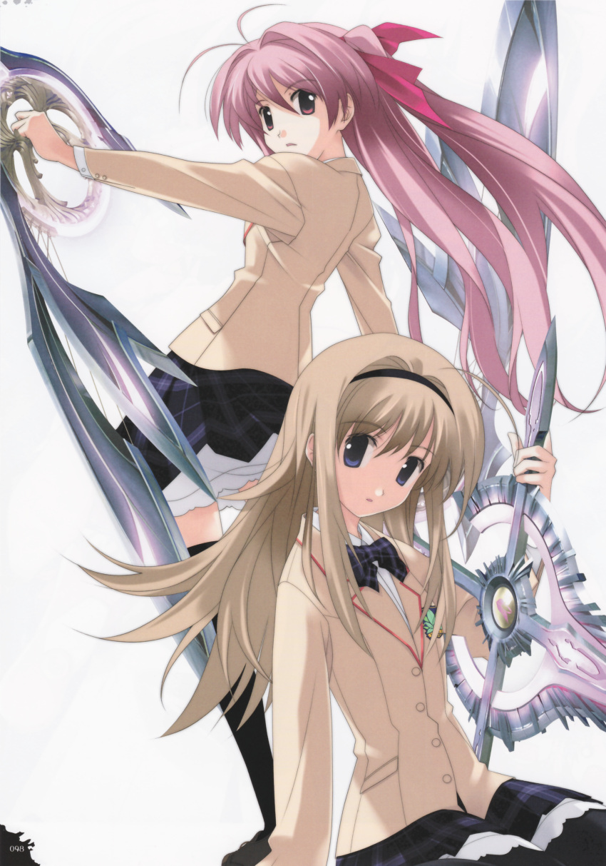 2girls, absurdres, ahoge, black_skirt, black_thighhighs, blazer, blonde_hair, bow