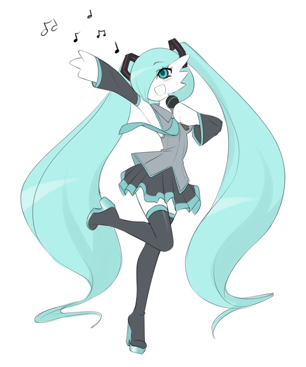 1girl, aqua_eyes, aqua_hair, aqua_necktie, boots, cosplay, detached_sleeves, gardevoir, grey_shirt, hair_over_one_eye, hatsune_miku, hatsune_miku_(cosplay), highres, holding, holding_microphone, long_hair, microphone, music, musical_note, necktie, open_mouth, pokemon, pokemon_(creature), sealguy, shirt, simple_background, singing, skirt, smile, thigh_boots, twintails, very_long_hair, vocaloid, white_background