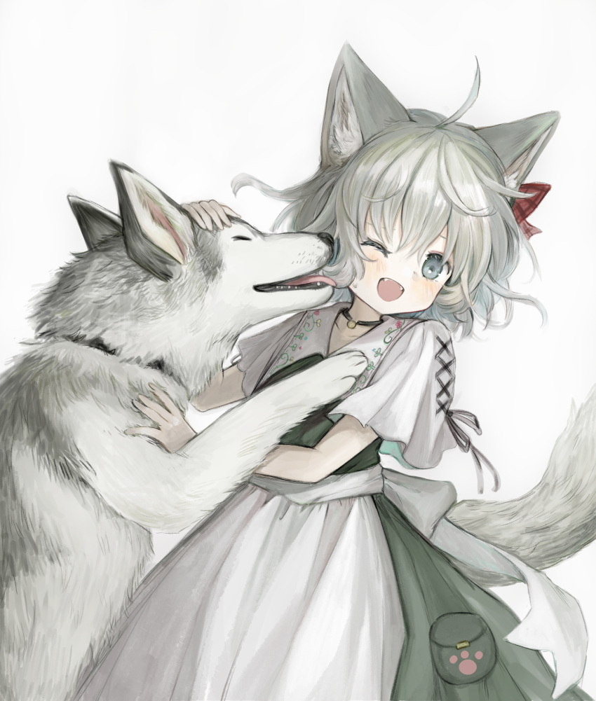 1girl, ;d, animal, animal_ears, apron, dog, dress, fangs