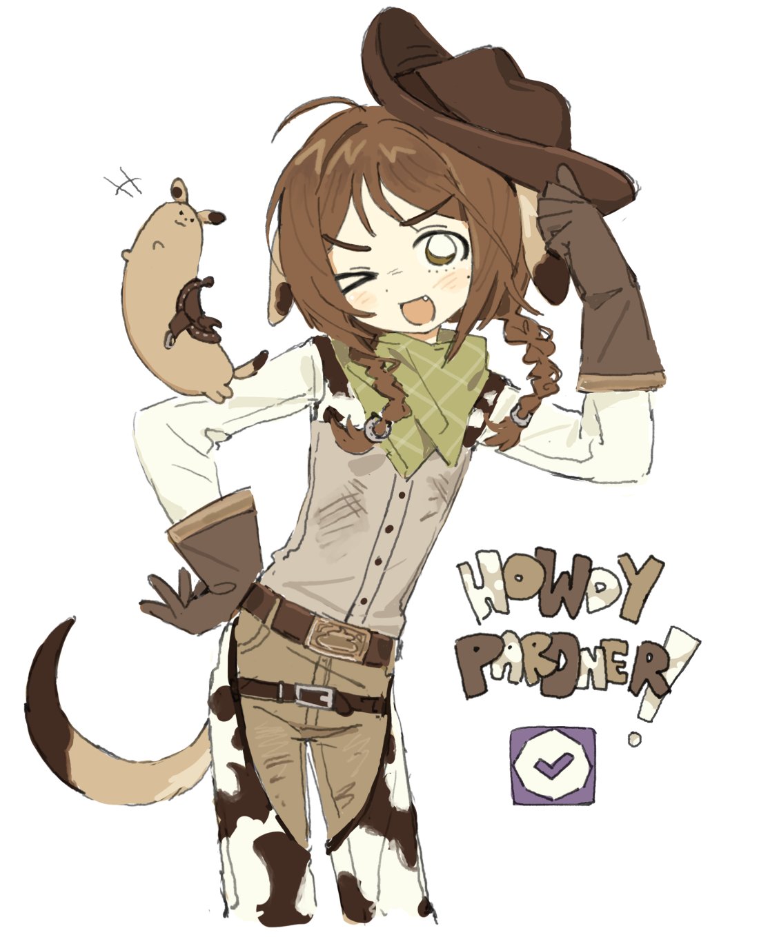 animal_print, braid, brown_eyes, brown_hair, chinchilla_ears, chinchilla_girl, cow_print, cowboy, cowboy_hat, english_text, gloves, hand_on_headwear, hands_on_own_hips, hat, highres, indie_virtual_youtuber, loli, mole, mole_on_cheek, mota_(motaberrie), motaberrie_(vtuber), one_eye_closed, twin_braids